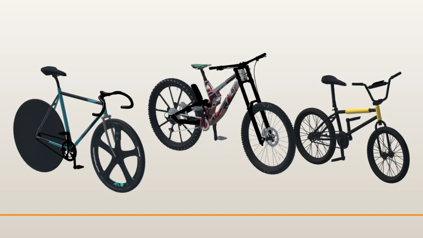 Bicycle Extreme Rider 3D’den yan yana bir fixie, bir dağ bisikleti ve bir BMX