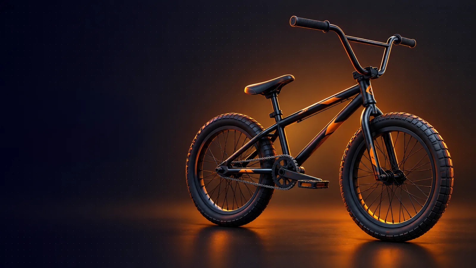 A BMX bike with orange accents in a dark studio