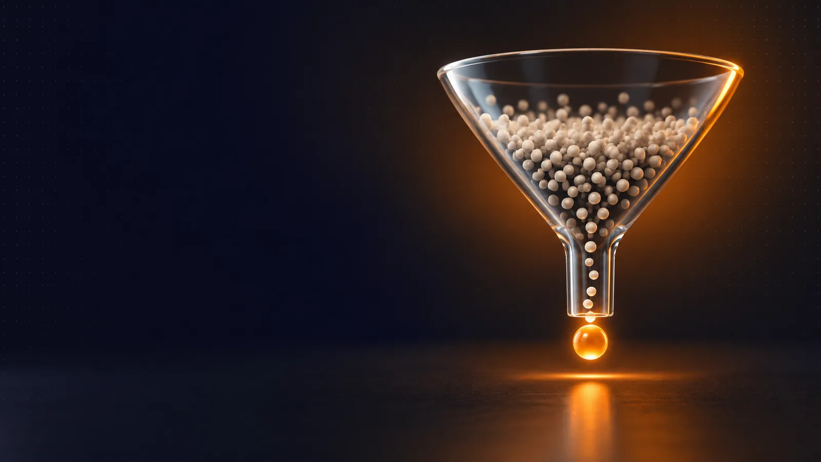 A glass funnel filtering particles down to one orange sphere