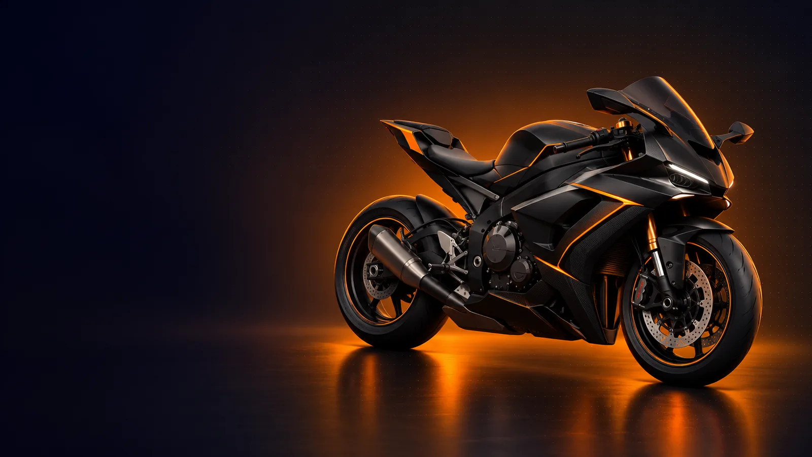A sport motorcycle with an orange rim light in a dark studio