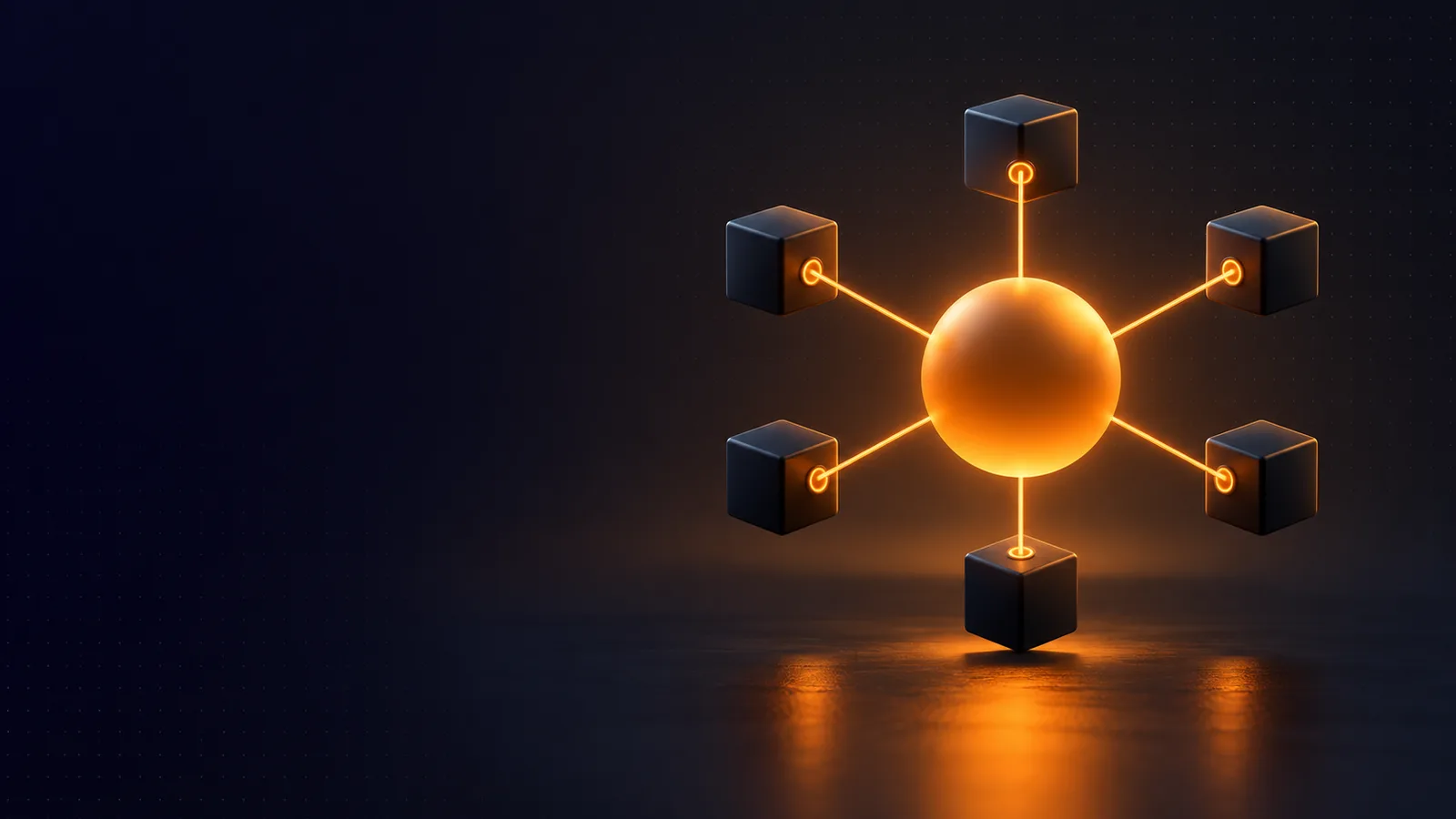 An orange sphere linked to six cubes