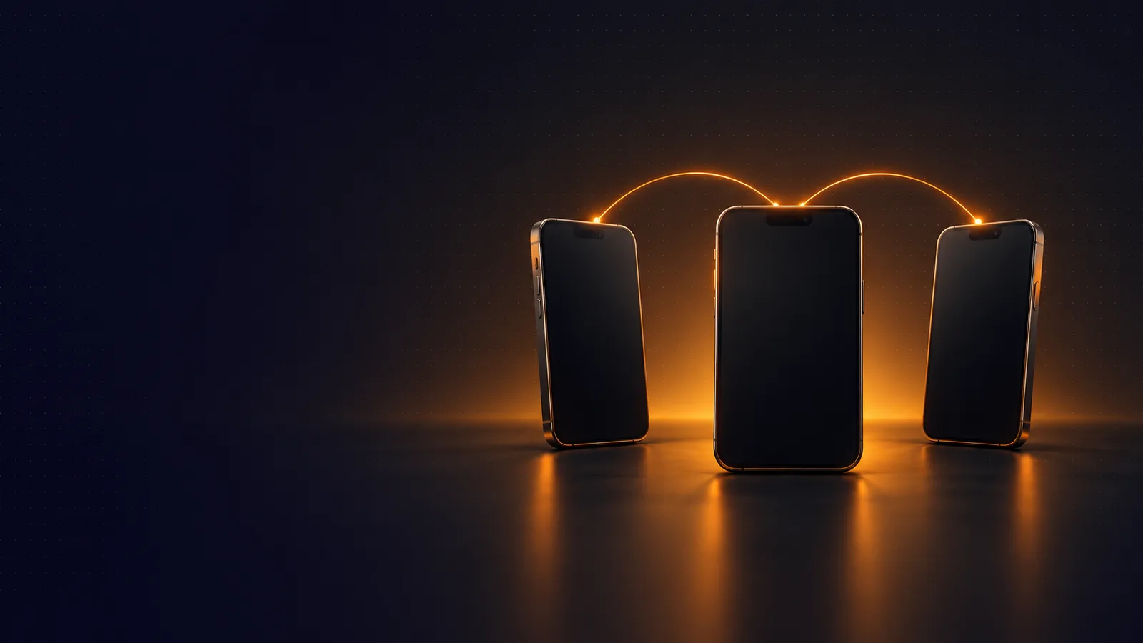 Three phones linked by arcs of orange light