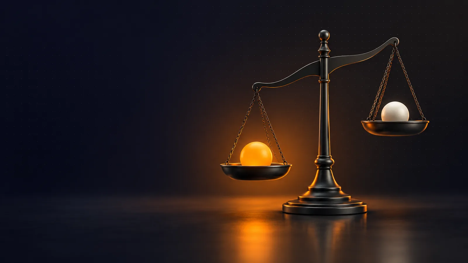 A balance scale weighing an orange sphere against a white sphere