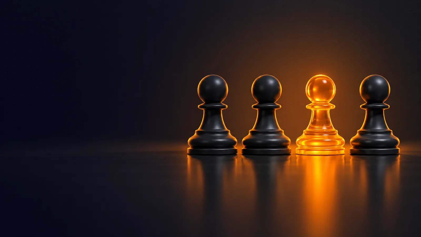 Four chess pawns, one of them in orange glass