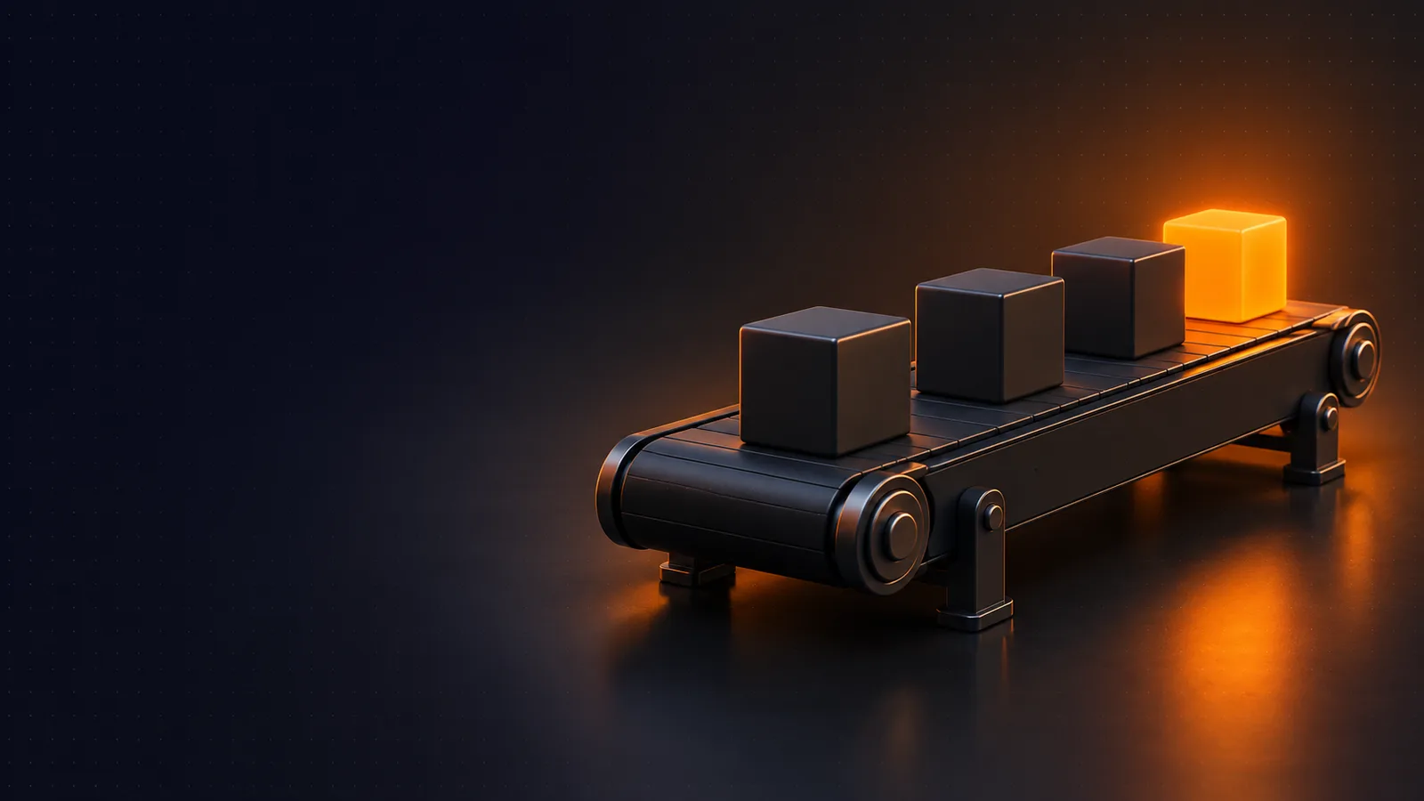 A conveyor belt carrying cubes, the last one orange