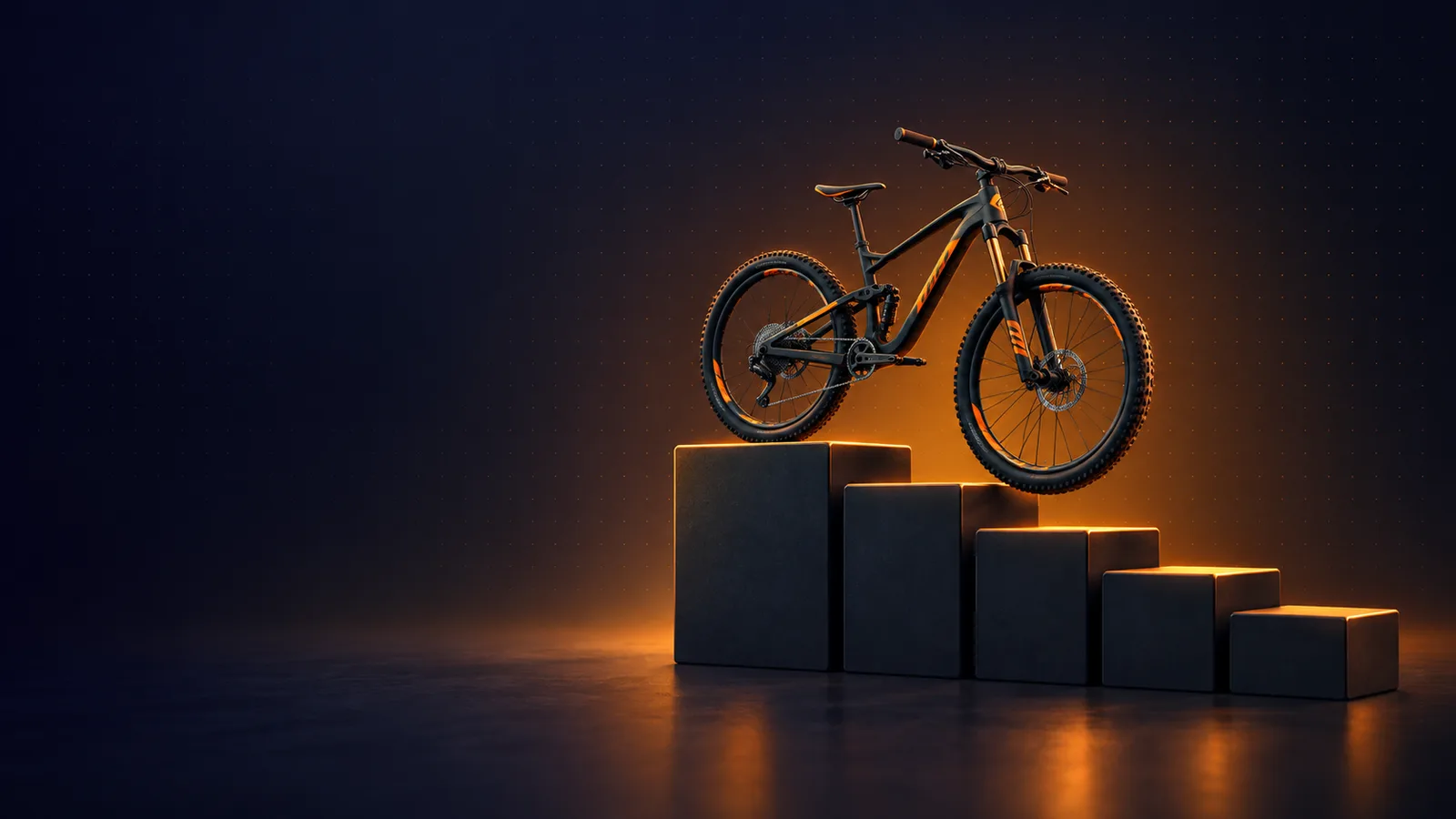 A mountain bike on a five-step podium in orange studio light